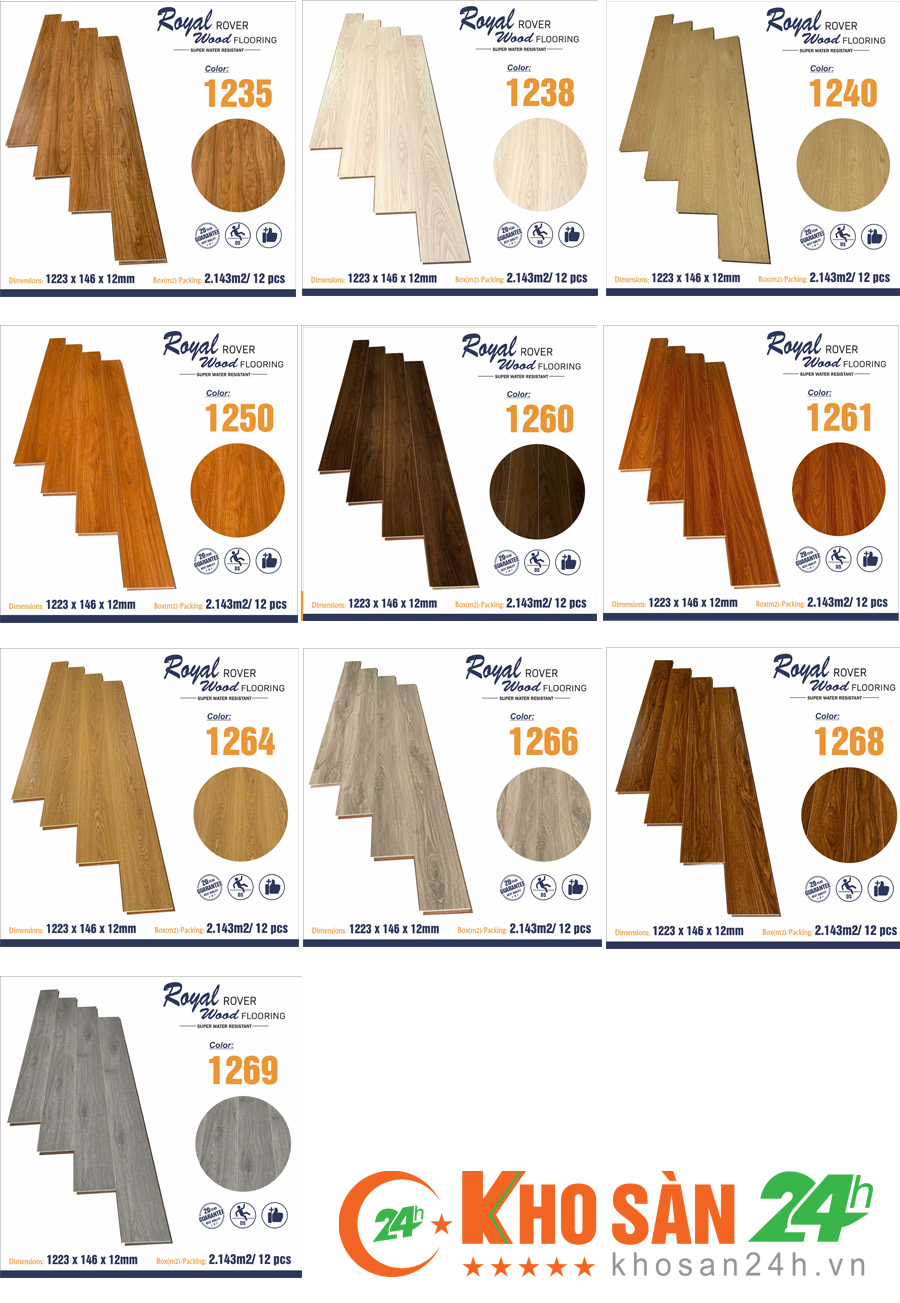 Sàn gỗ Royal Wood 12mm cốt nâu lát thẳng có 10 mã sản phẩm