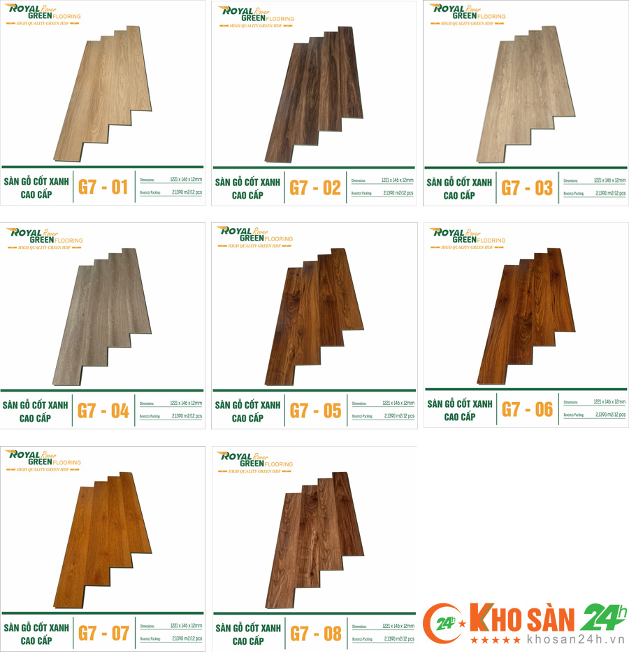 Sàn gỗ Royal Green cốt xanh dày 12mm, loại lát thẳng gồm 8 mã màu