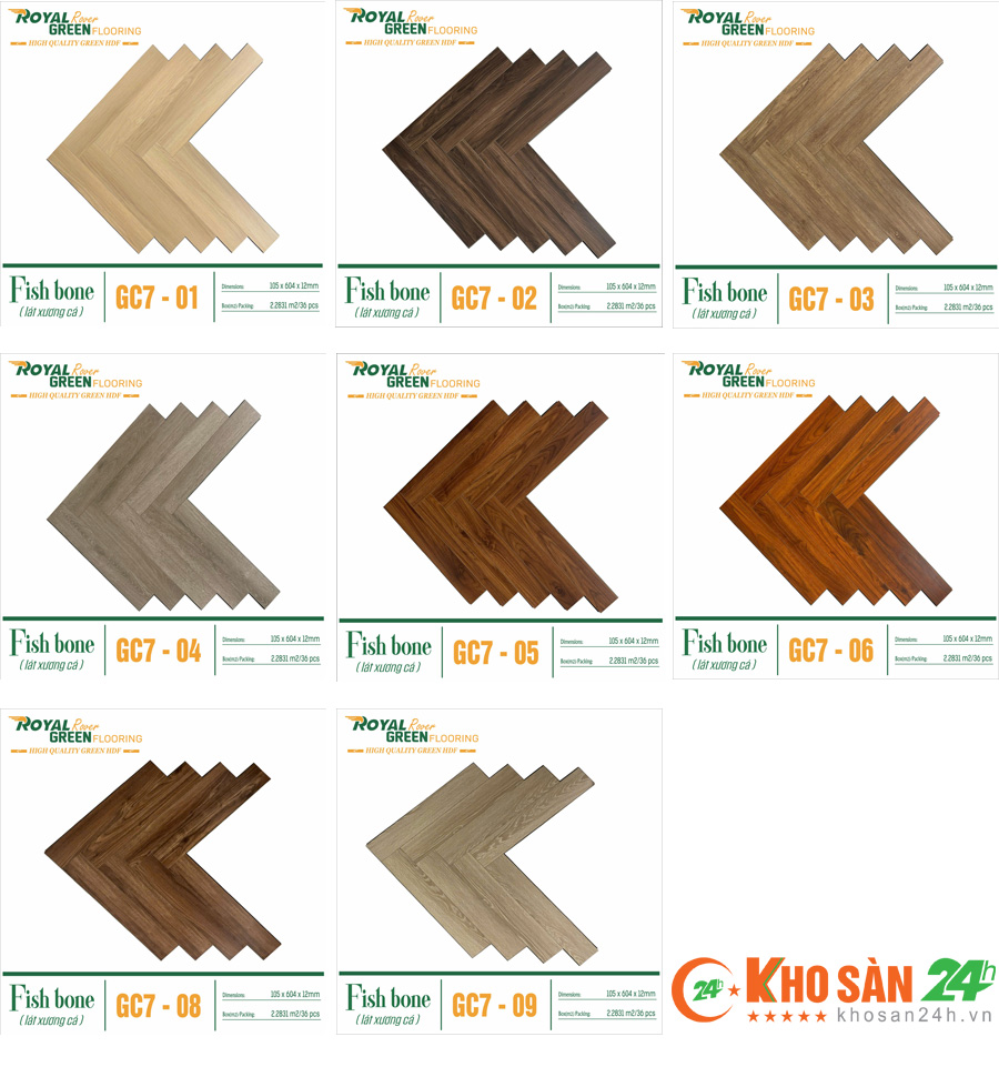 Sàn gỗ Royal Green cốt xanh xương cá dày 12mm có 8 mã sản phẩm