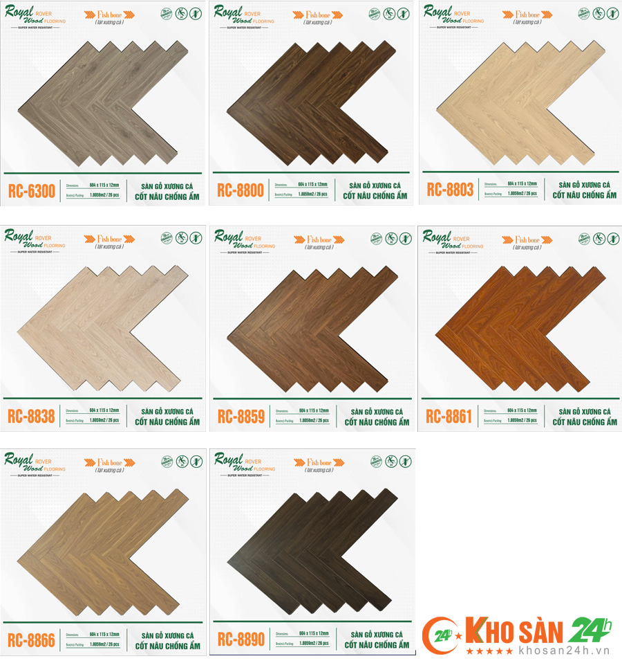 Sàn gỗ Royal Wood 12mm cốt nâu xương cá có 8 mã sản phẩm