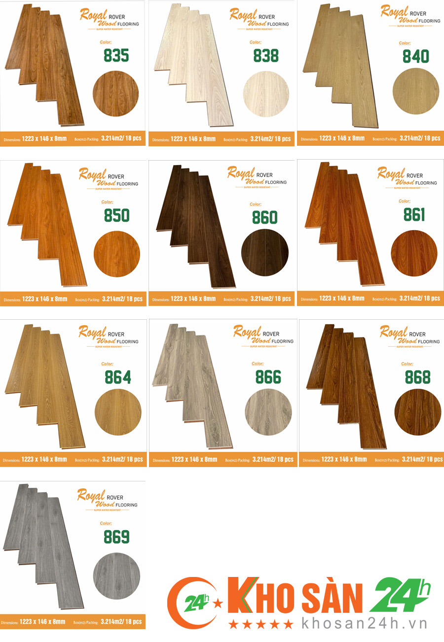 Royal Wood dày 8mm cốt nâu giá rẻ có 10 mã sản phẩm